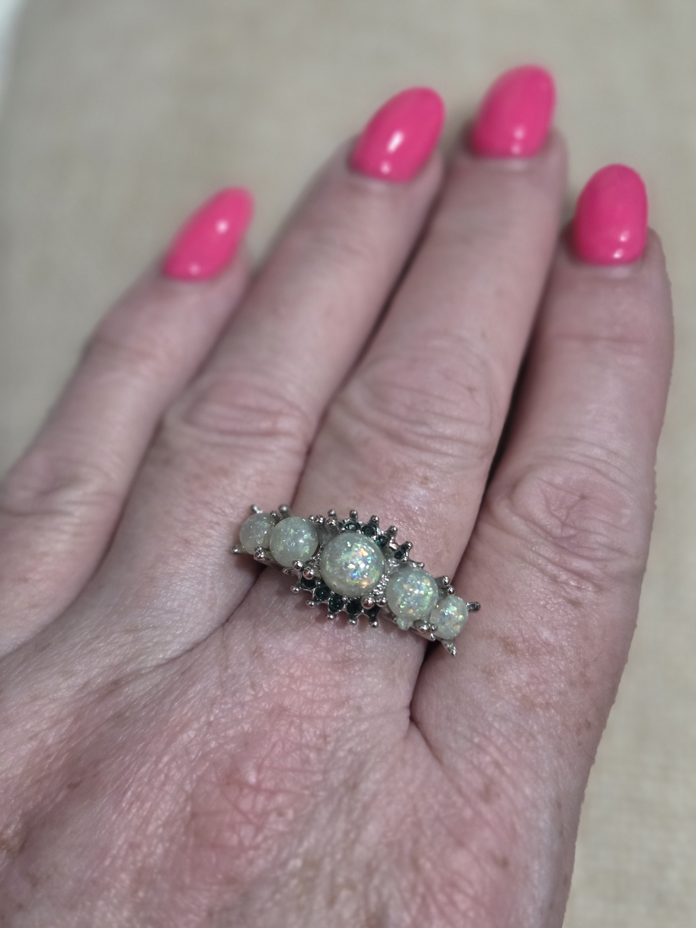 Opal Cluster Ring in White Opal and Silver~ Size 10 - Picture 4 of 4